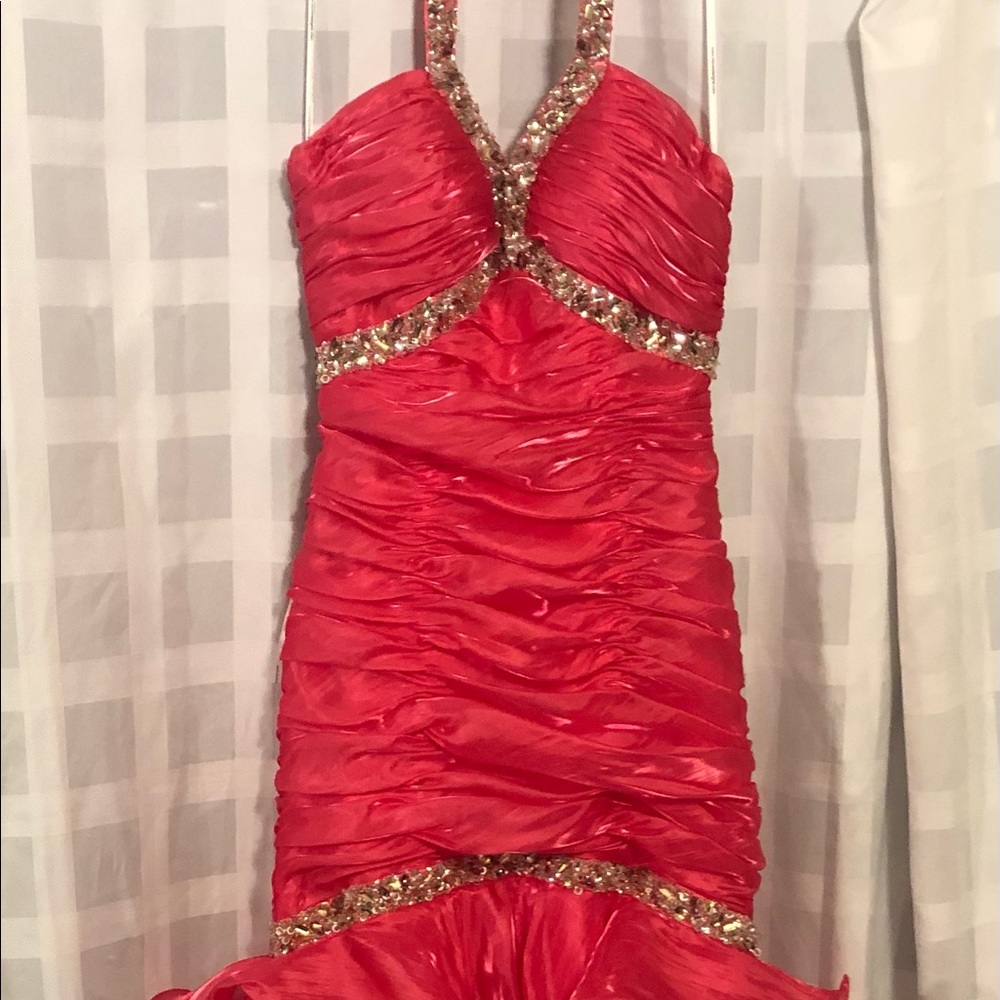 Coral Pink Ruched Halter Prom Dress with Rhinestone & Sequin Embellishments